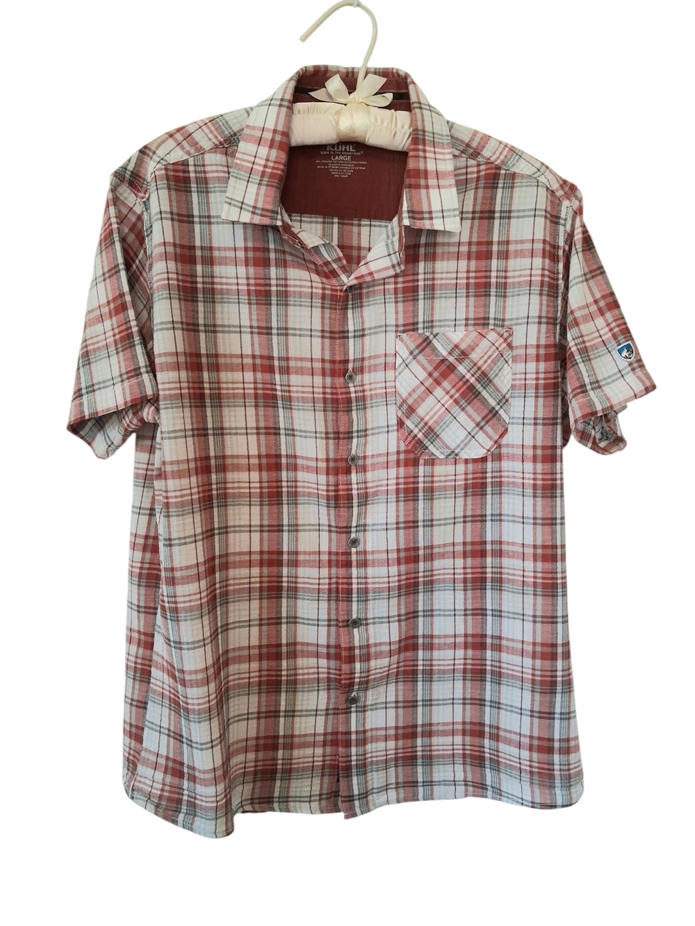 Kuhl Men’s Orange and Cream Plaid Short-Sleeve Button-Down Shirt Large